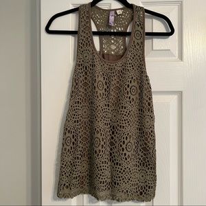 Olive Green Tank with Crochet Overlay - Like New
